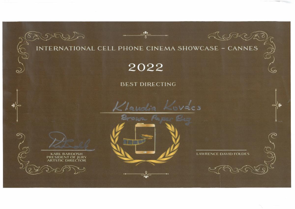 Klaudia Kovács Wins "Best Directing" for BROWN PAPER BAG at International Cell Phone Cinema Showcase in Cannes